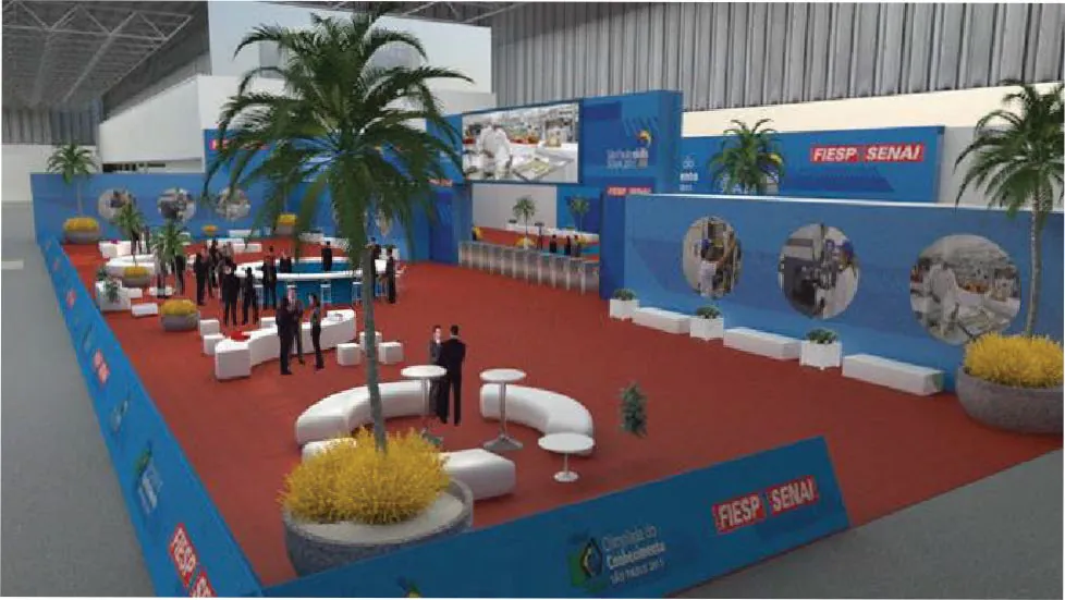 Render 3D do espaço FIESP SENAI com lounges brancos e carpete vermelho